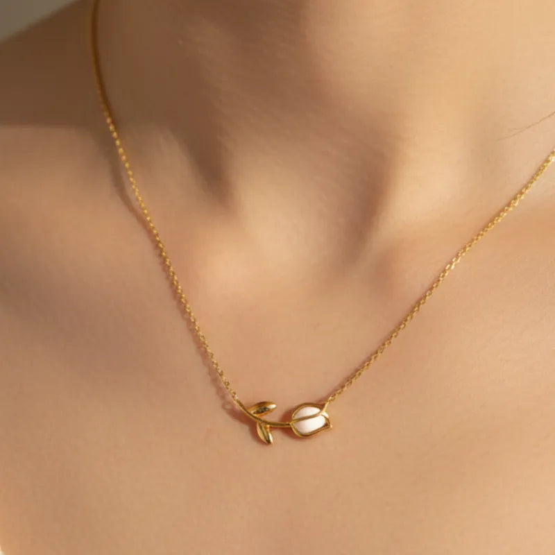 Tulip pendant gold dainty necklace with white enamel center