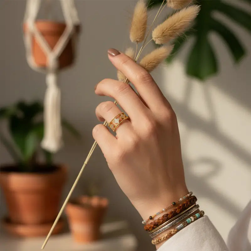 A delicate gold lucky clover cuff ring with geometric beaded design and small embedded stones