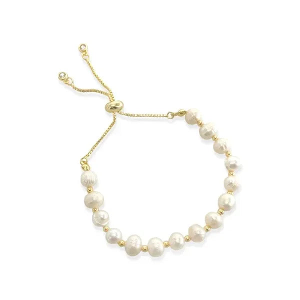 Genuine pearl drawstring bracelet with gold-toned adjustable band and irregular cream freshwater pearls