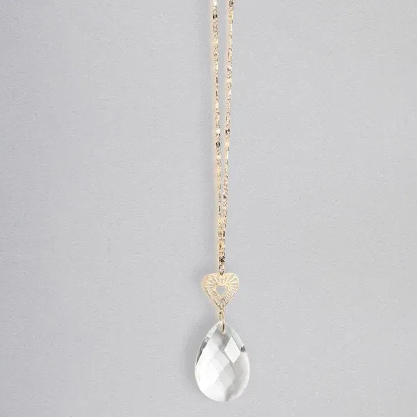 A pocket suncatcher featuring a gold-toned chain and clear faceted teardrop crystal pendant with heart-shaped bail