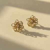 Elegant gold wire filigree blossom stud earrings featuring delicate flower shapes with intricate wirework and pearl centers