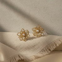 Elegant gold wire filigree blossom earrings featuring delicate flower design with intricate wirework and central pearl