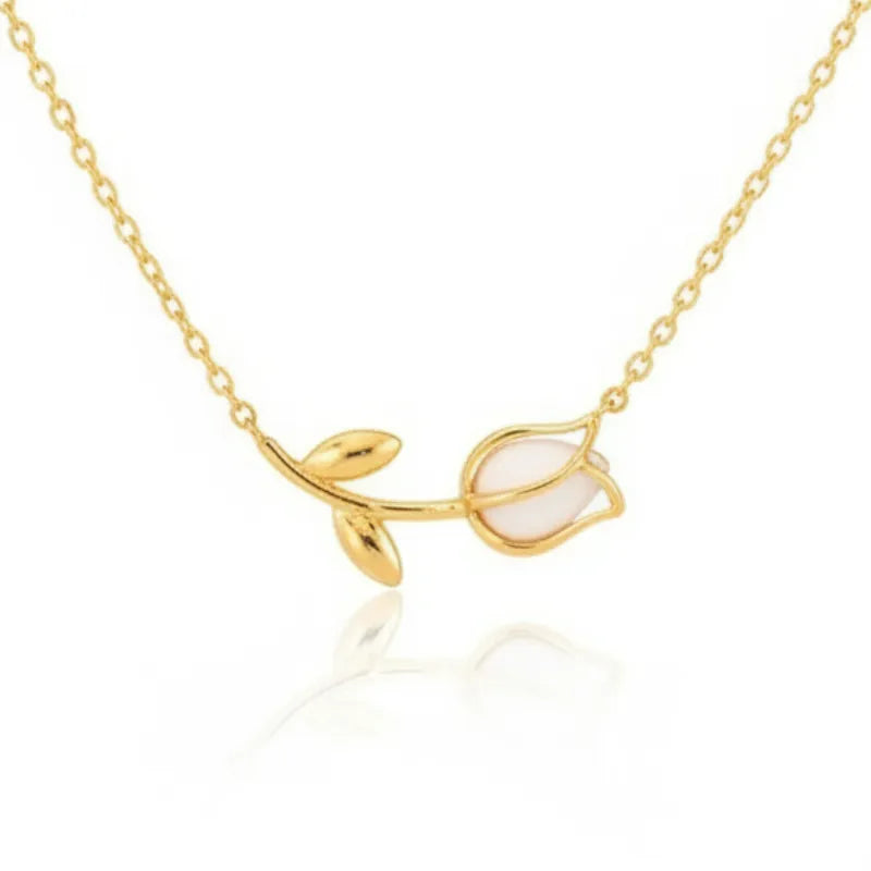 Tulip pendant gold dainty necklace with opal stone