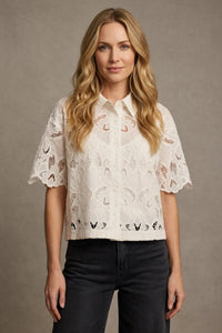 Ivory lace midnight embroidered short sleeve blouse with flutter sleeves and intricate floral button-down front