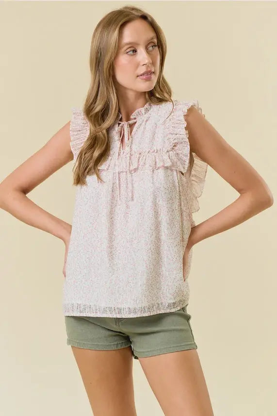 Delicate light pink lace ditsy floral split v neck flowy blouse with ruffled sleeves and tie-front neckline