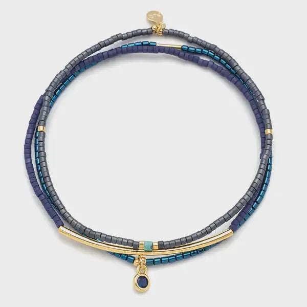 Tonal chromacolor miyuki bracelet trio featuring multi-strand dark gray and teal beads with gold accents and rhinestone charm on stretch cord for women’s boho chic clothing