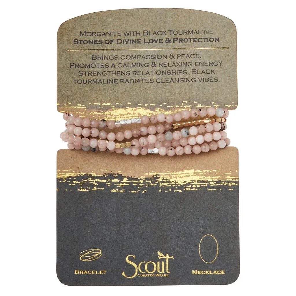 Natural gemstone stone wrap bracelet featuring pink morganite and black tourmaline beads with gold spacers
