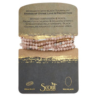 Natural gemstone stone wrap bracelet featuring pink morganite and black tourmaline beads with gold spacers
