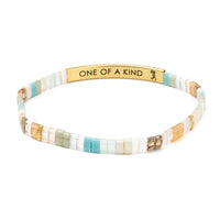 Delicate good karma miyuki bracelet with multicolored japanese glass miyuki beads and a gold-toned inscribed bar