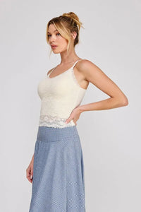 Delicate off-white adjustable strap floral lace bralette camisole with thin spaghetti straps and scalloped hemline