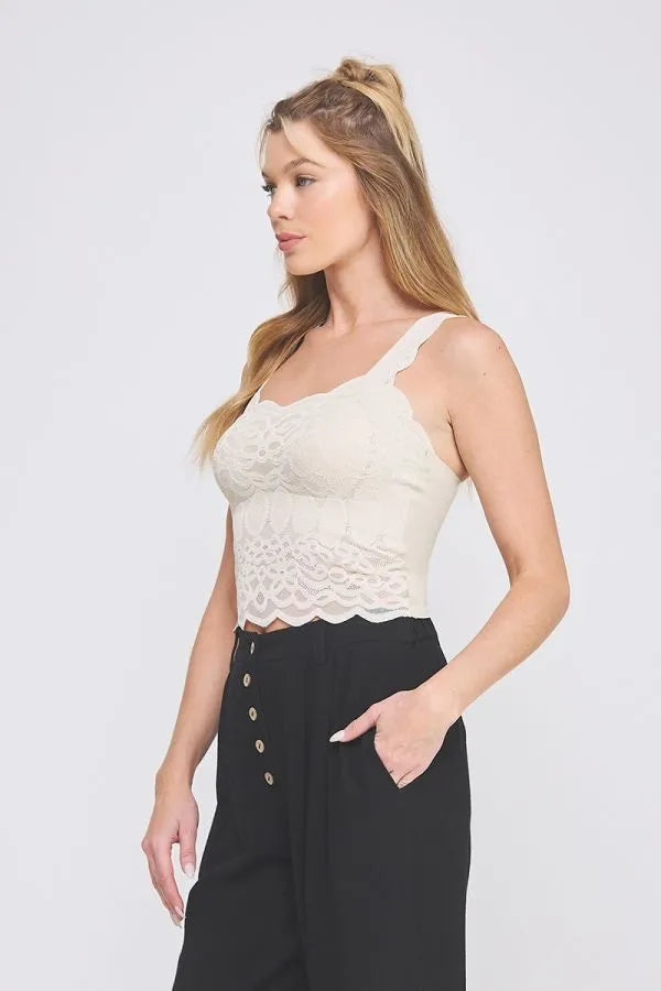 A delicate off-white lace bralette tank with lovely scallop edge and thin straps for elegant layering