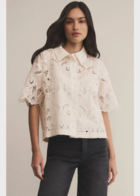 Off-white delicate midnight embroidered short lace blouse with classic collar and flutter embroidered short sleeve design