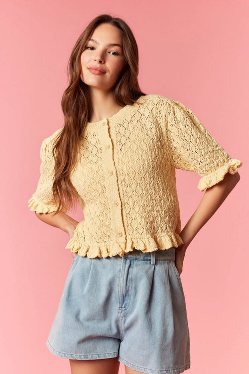 Pale yellow lace round neck bubble short sleeve cardigan with ruffles