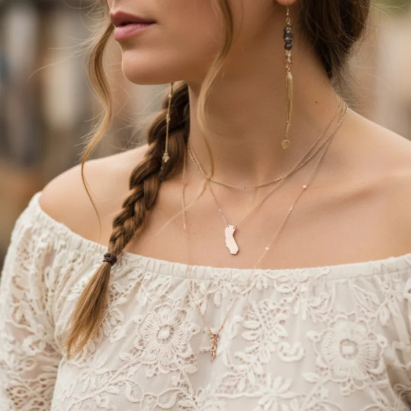 California state pendant dainty necklace in rose gold with diamonds
