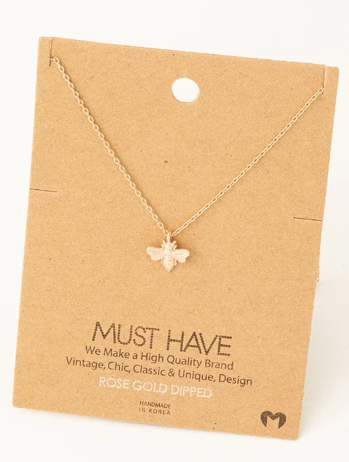 Mini bee gold pendant dainty necklace with rose gold dipped bee on fine chain