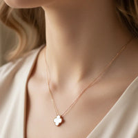 Delicate rose gold pearl clover pendant necklace with white four-leaf clover