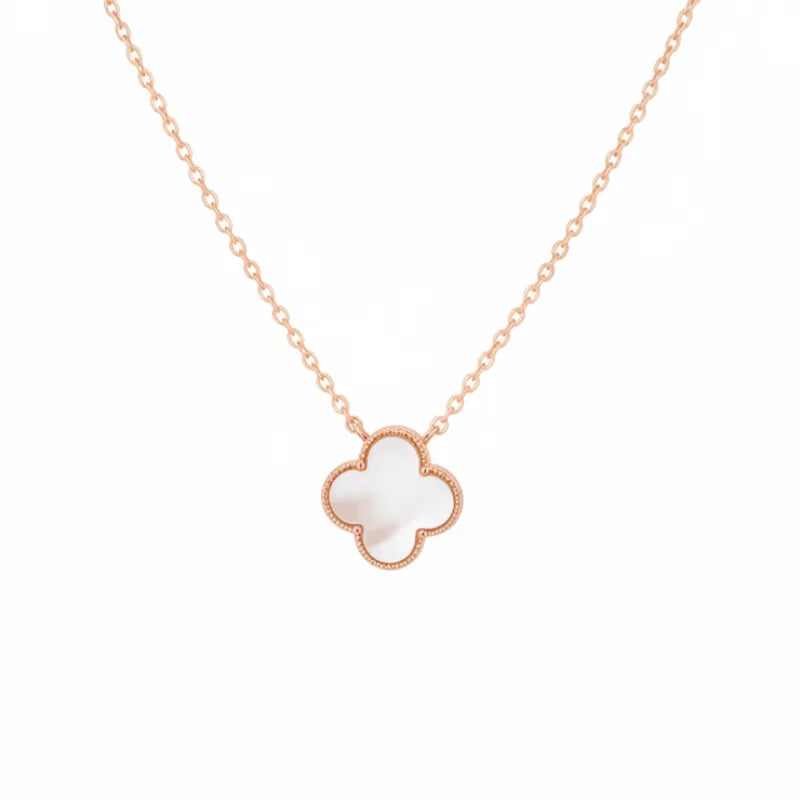 Delicate rose gold pearl clover pendant necklace with mother-of-pearl inlay
