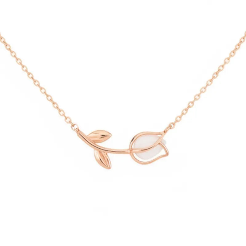 Delicate tulip pendant gold dainty necklace with mother-of-pearl center