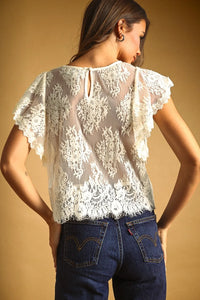 White lace scalloped blouse with flutter sleeves and keyhole back detail elegant and delicate design