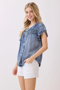 Denim tencel short sleeve button shirt with ruffled sleeves and front button design for casual wear