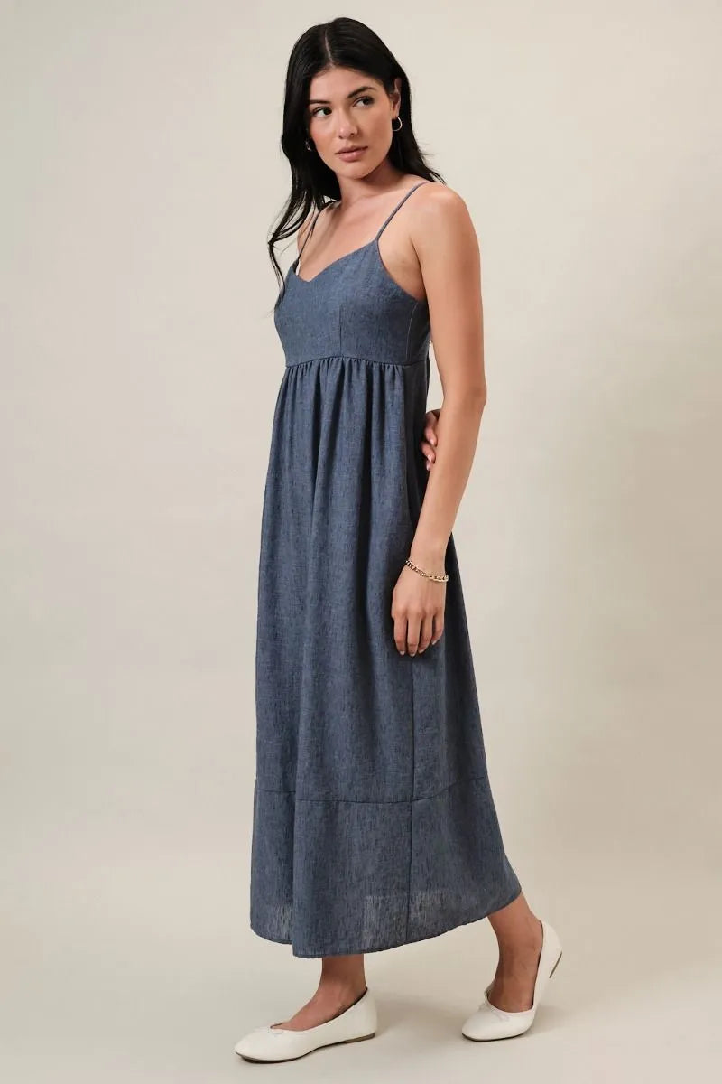 Sweetheart Neck Spaghetti Strap Midi Denim Blue Dress NAVY / MEDIUM