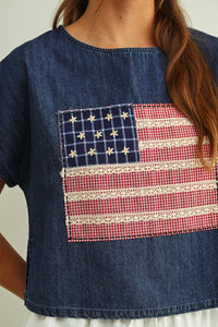 Denim mixed fabric flag patched dolman sleeve top with patchwork american flag red white gingham and lace trim