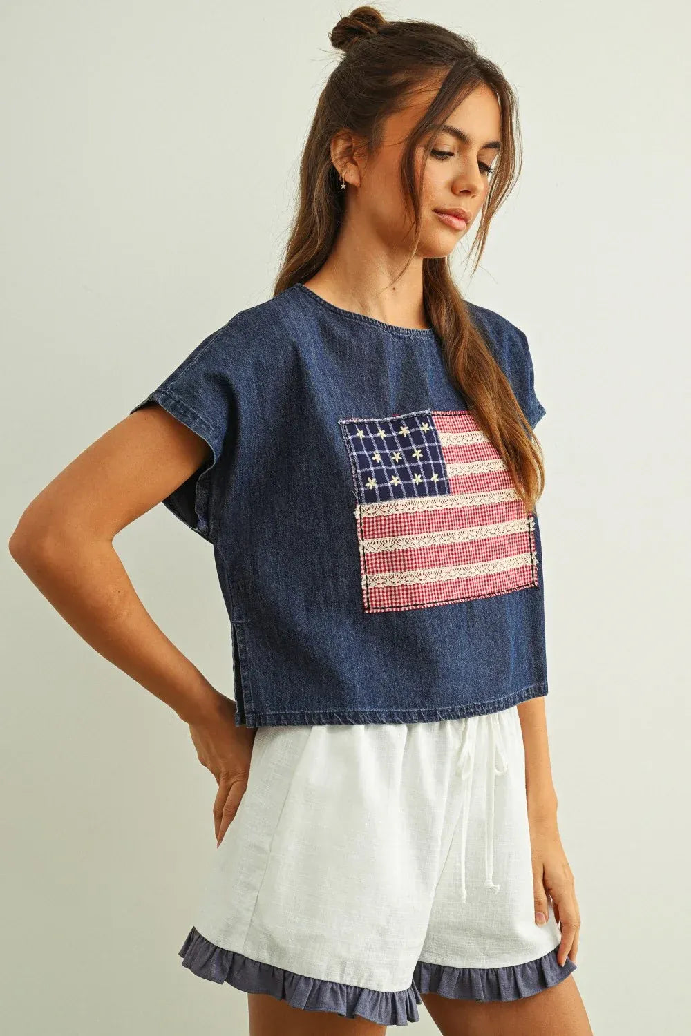Denim dolman sleeve top with mixed fabric flag patchwork in red white and blue fabric flag patched design