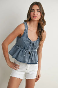 Denim ruffled hem tie-front top with drawstring neckline