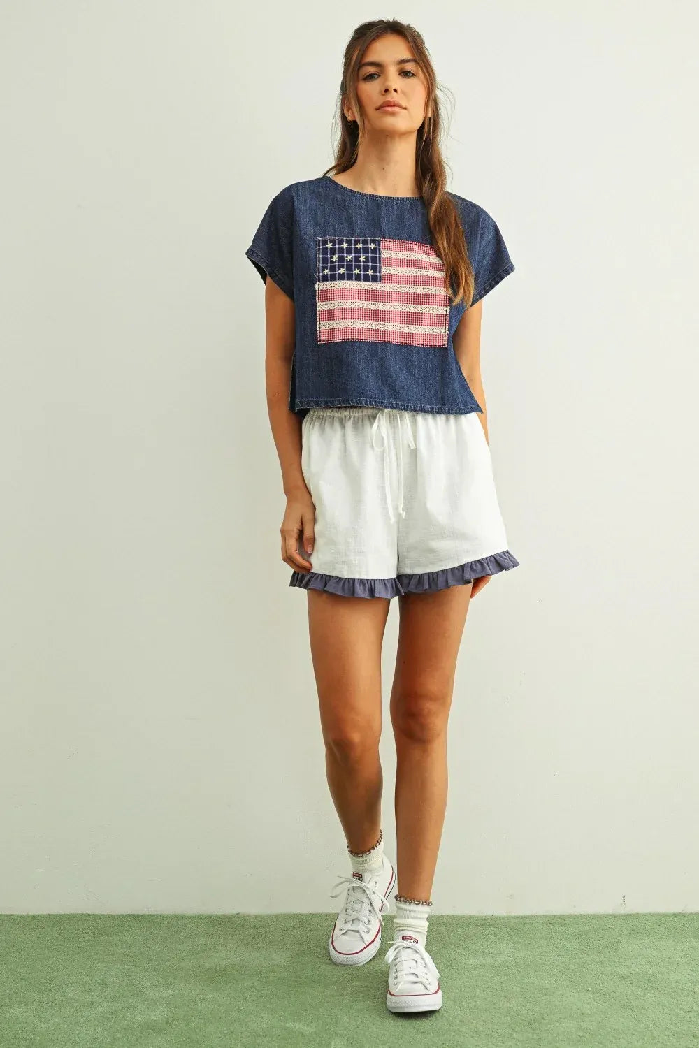 Denim mixed fabric flag patched dolman sleeve top with red white and blue american flag patch on front