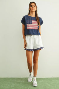Denim mixed fabric flag patched dolman sleeve top with red white and blue american flag patch on front