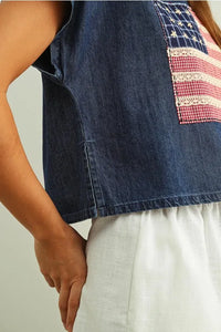 Back of denim sleeveless mixed fabric flag top with fabric flag patched red and white gingham stripes bordered by lace