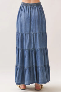 Denim tiered maxi skirt with relaxed fit and tencel elastic waisted design for comfortable all-day wear
