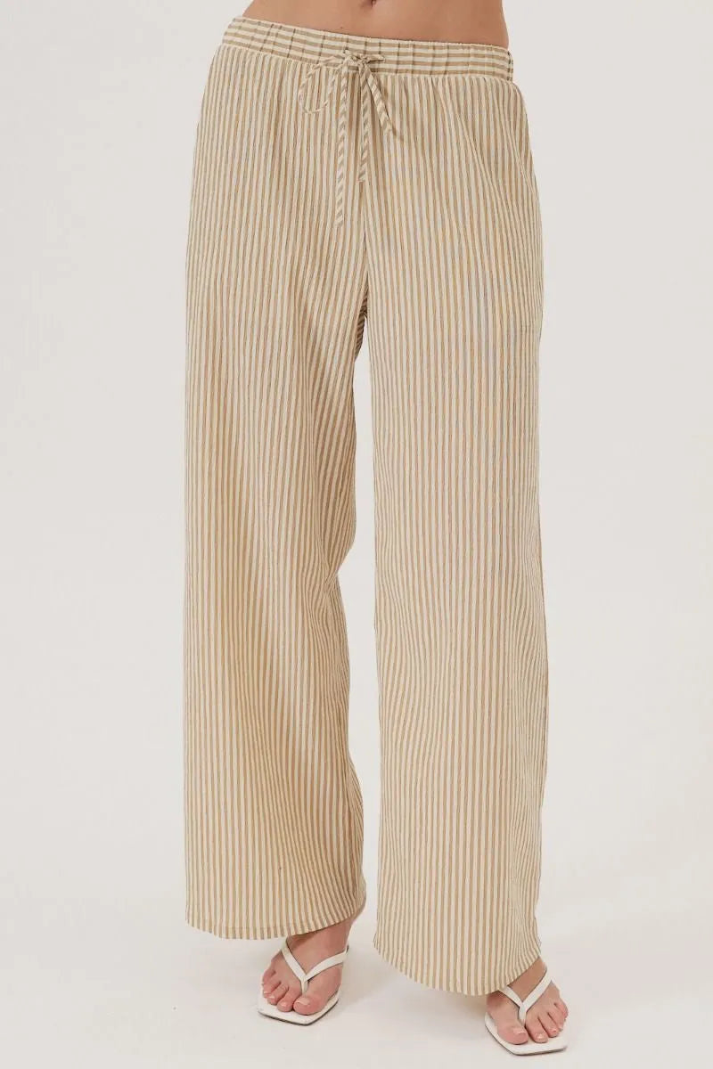 ELASTIC WAIST DRAWSTRING BACK PATCH POCKET WIDE LINEN PANTS