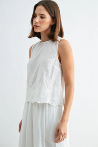 White sleeveless button blouse featuring delicate lace eyelet hem embroidery shown from the back side