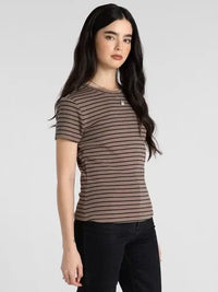 Thread and Supply Annie tee slim fitting basic top with brown and black horizontal stripes in soft sheer fabric