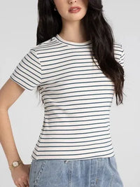 Thread and supply annie tee fitted short-sleeved slim fitting t shirt top with navy blue and white horizontal stripes