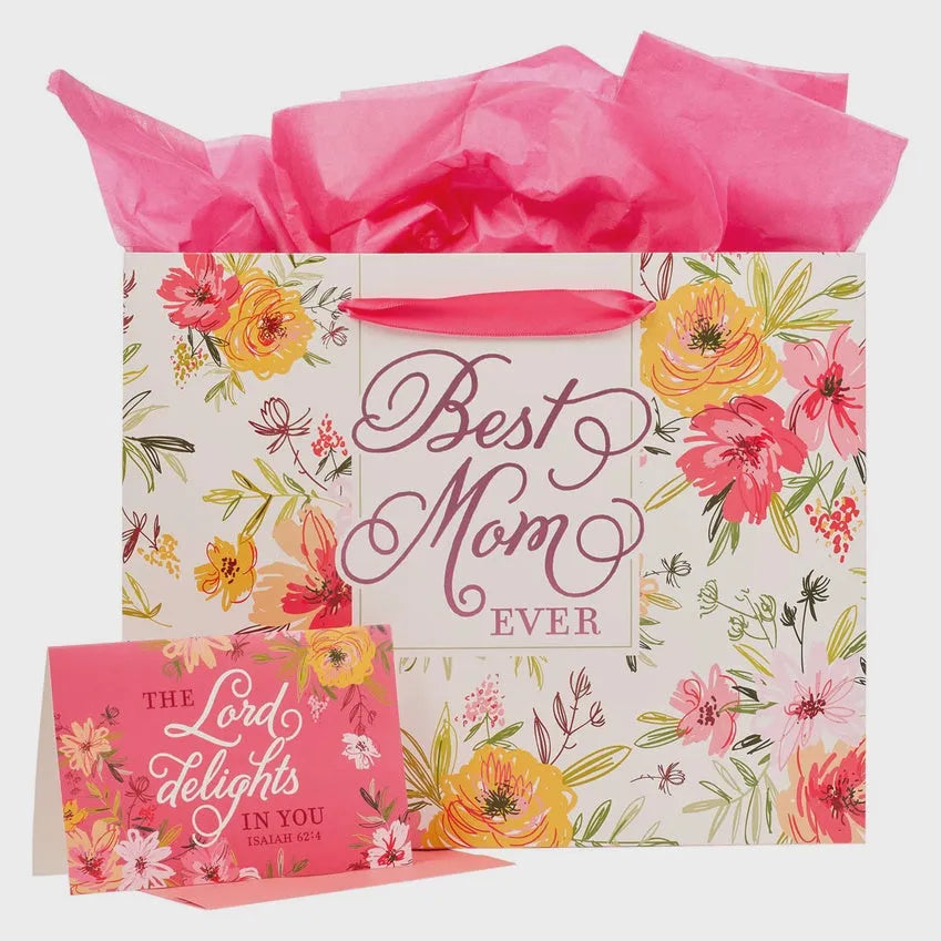 Best mom ever landscape gift bag with card featuring vibrant pink and yellow floral pattern on white background