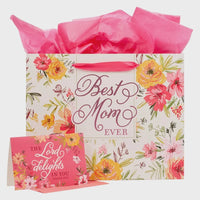 Best mom ever landscape gift bag with card featuring vibrant pink and yellow floral pattern on white background