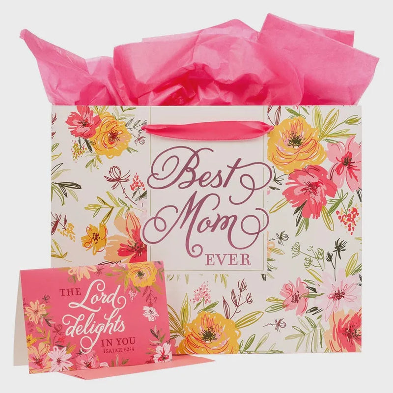 Best mom ever landscape gift bag with card featuring vibrant pink and yellow floral pattern on white background