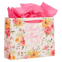 Best mom ever landscape gift bag with card featuring floral pattern and pink cursive script on cream background