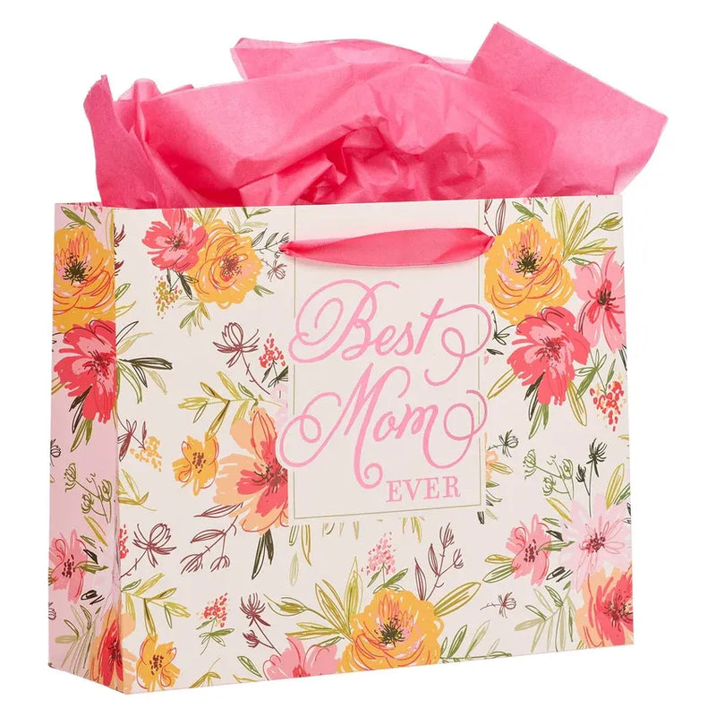 Best mom ever landscape gift bag with card featuring floral pattern and pink cursive script on cream background