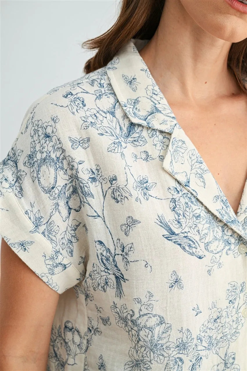 GAUZE FLORAL PRINT BUTTON DOWN SHIRT