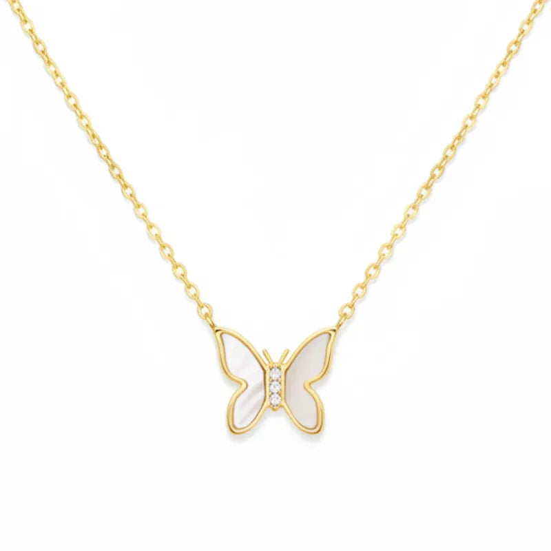 Gold dipped mini butterfly pendant necklace with mother-of-pearl wings and diamonds