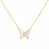 Gold dipped mini butterfly pendant necklace with mother-of-pearl wings and diamonds