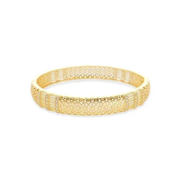 Gold-colored sun pattern bangle with intricate geometric and lattice patterns in a detailed pattern bangle design
