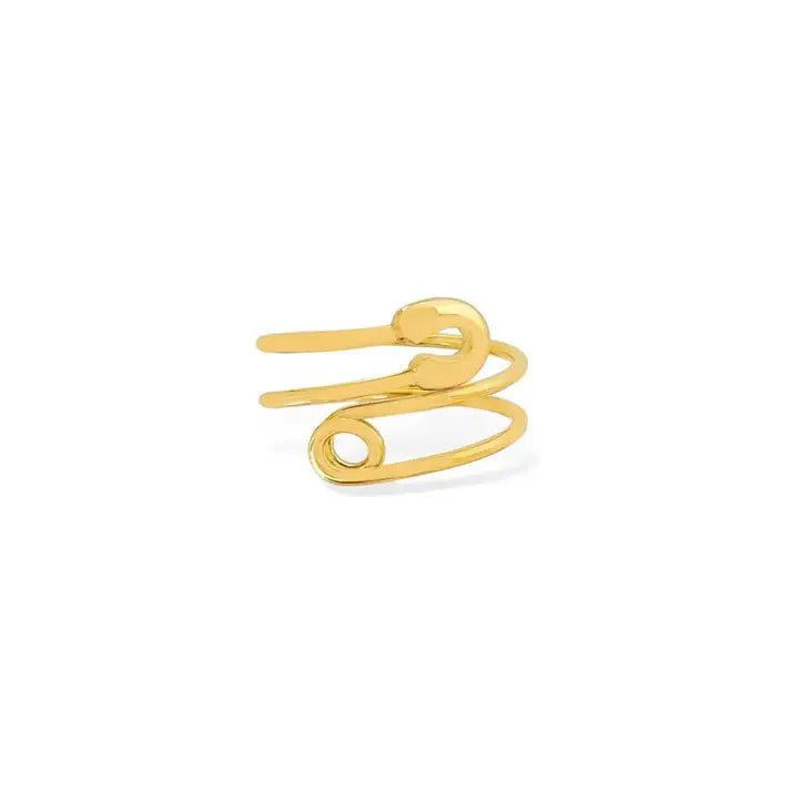 Gold water resistant safety pin design ring, minimalist open back view