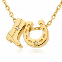 Gold dipped cowboy boots horse shoe charm necklace with diamond stars