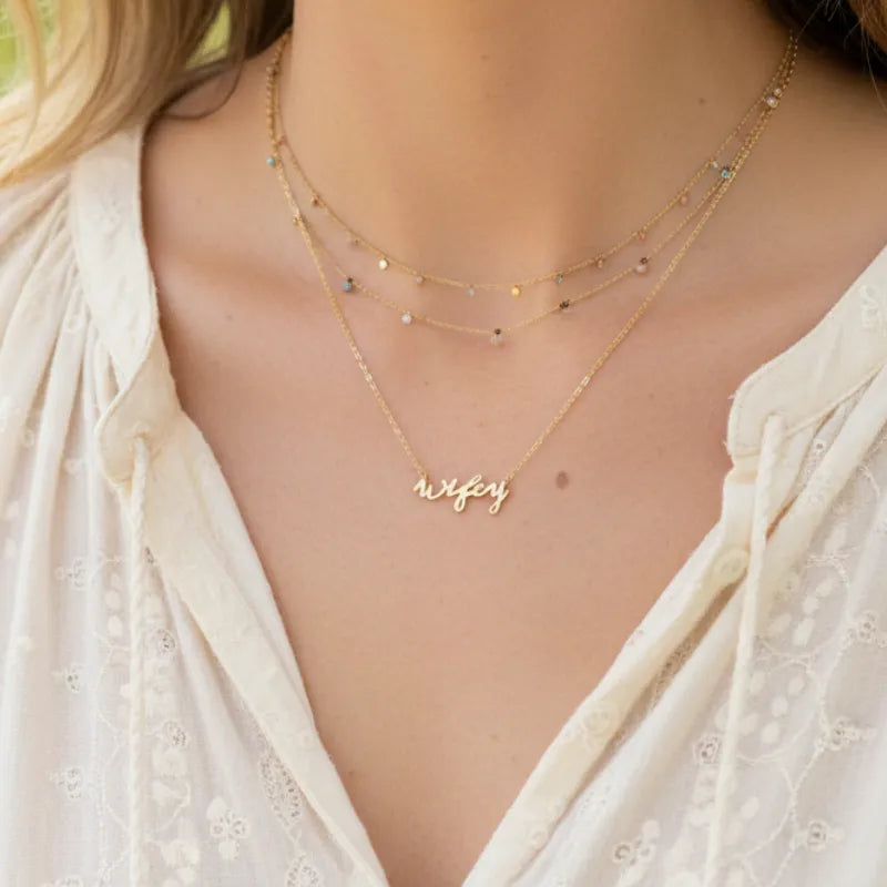 Gold dipped wifey handwritten dainty necklace with cursive pendant