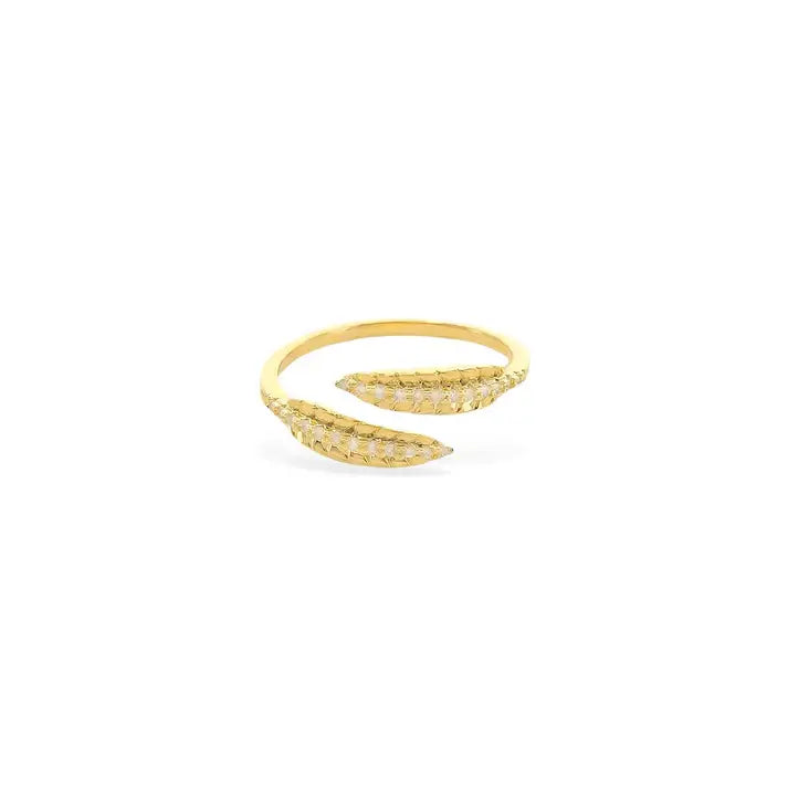 Gold feather ring gold open front with sparkling clear stones