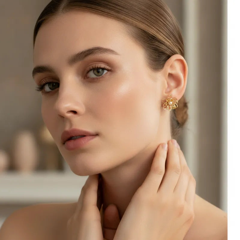 Elegant gold wire filigree blossom stud earring featuring a central lustrous pearl in a floral design